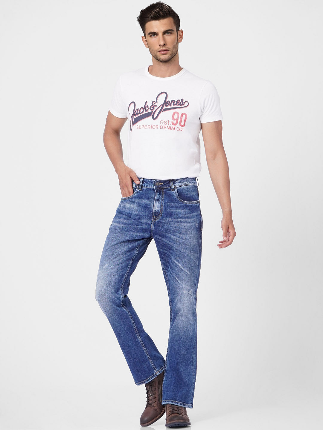 Blue High Rise Torn Bootcut Jeans - 28/30