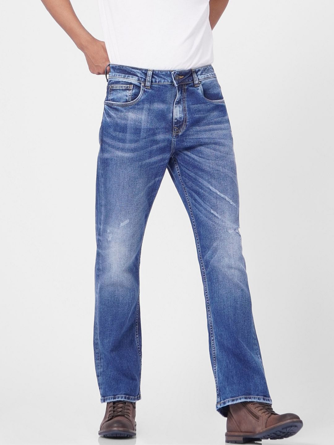Blue High Rise Torn Bootcut Jeans