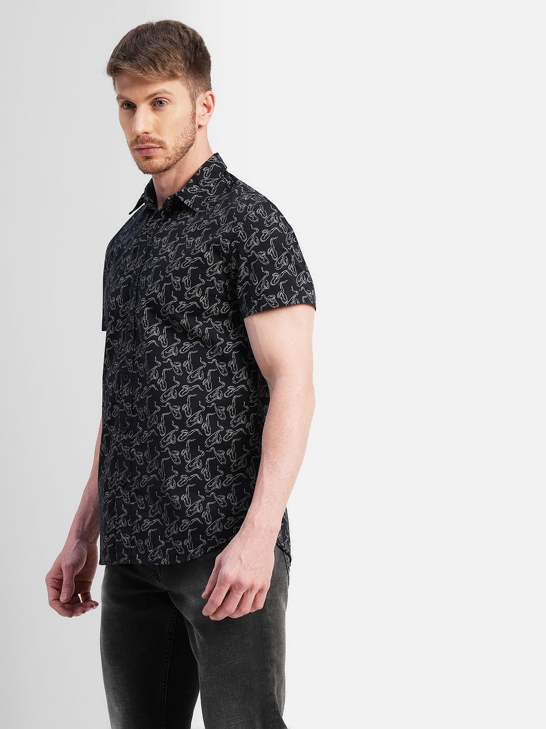 Black All Over Print Short Sleeves Shirt