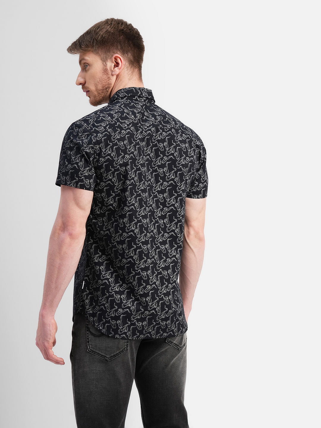 Black All Over Print Short Sleeves Shirt