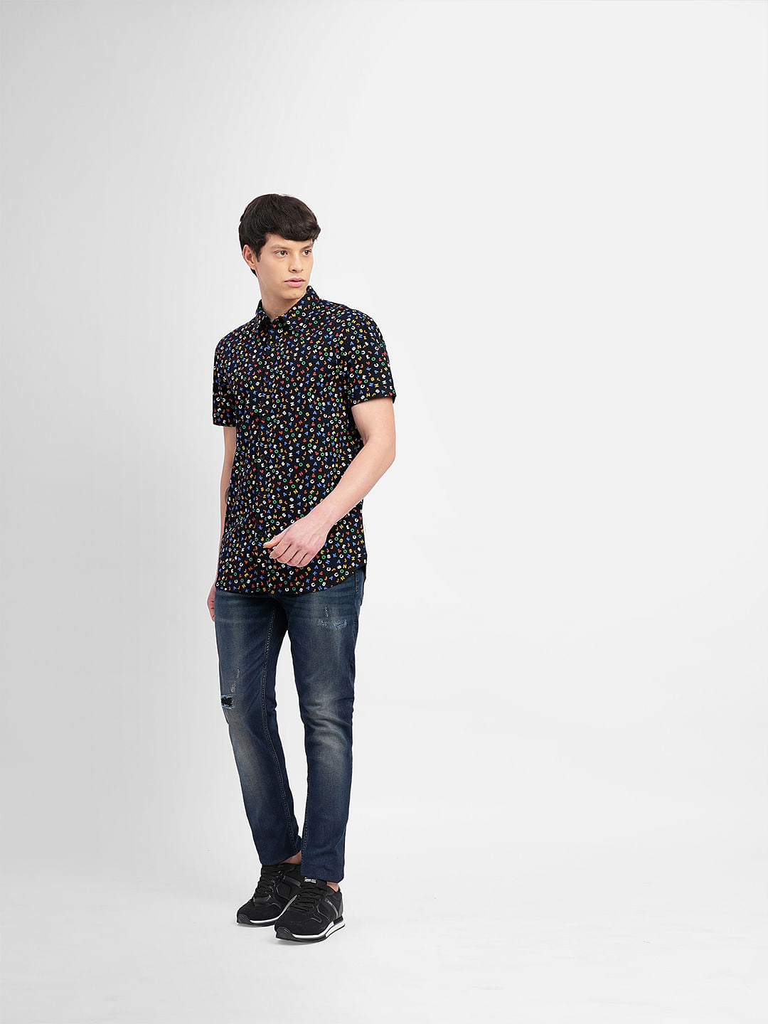 Black All Over Print Short Sleeves Shirt