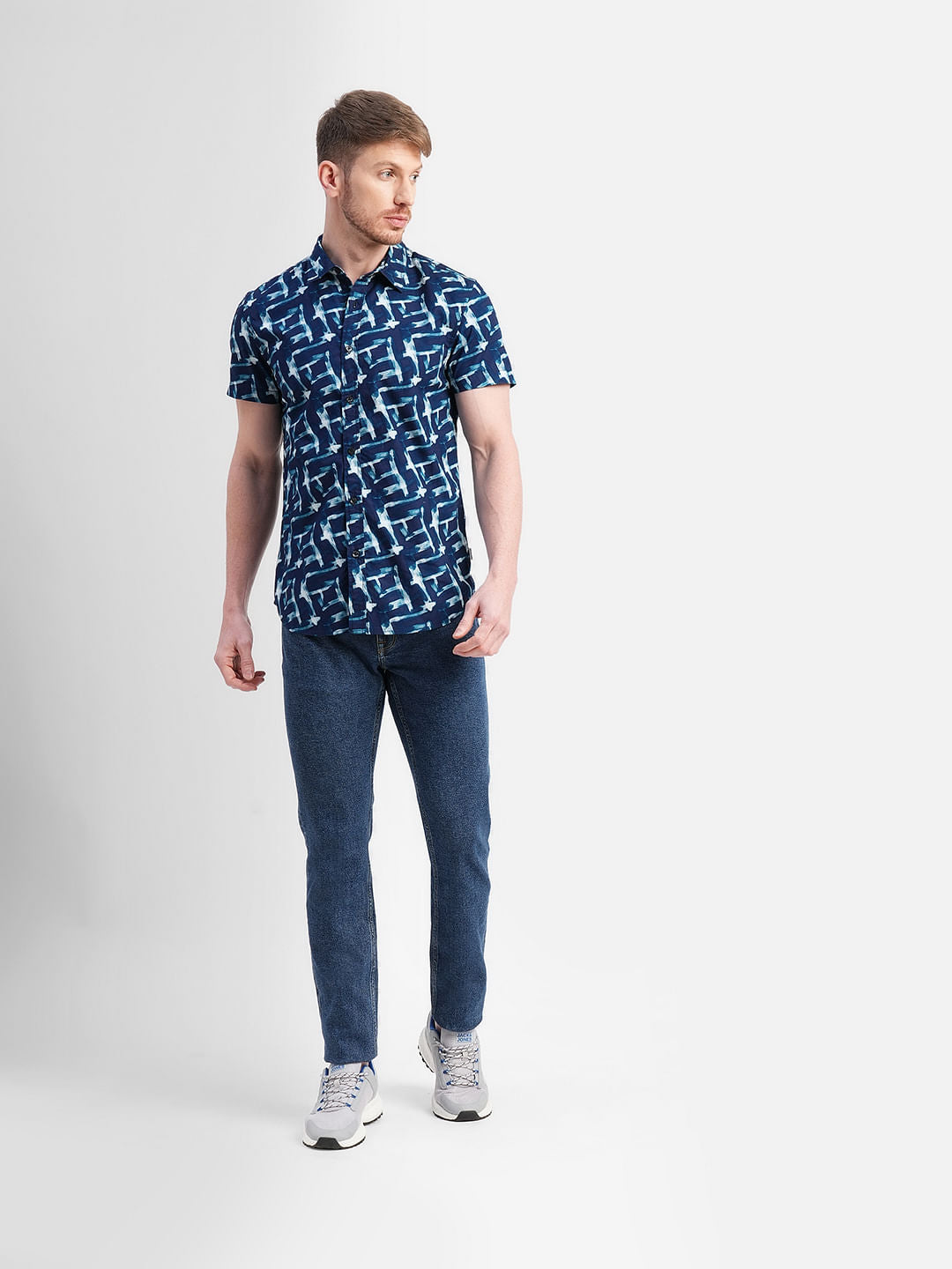 Blue Abstract Print Short Sleeves Shirt