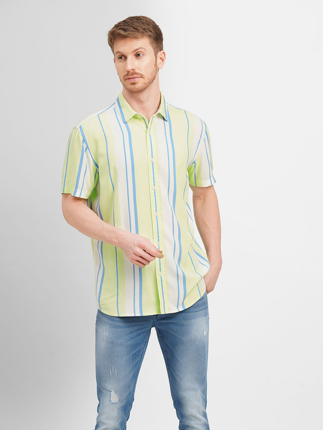 Lime Green Colourblocked Short Sleeves Shirt