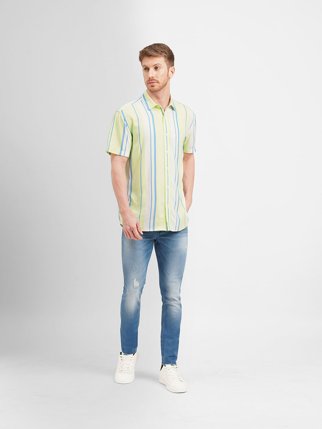 Lime Green Colourblocked Short Sleeves Shirt