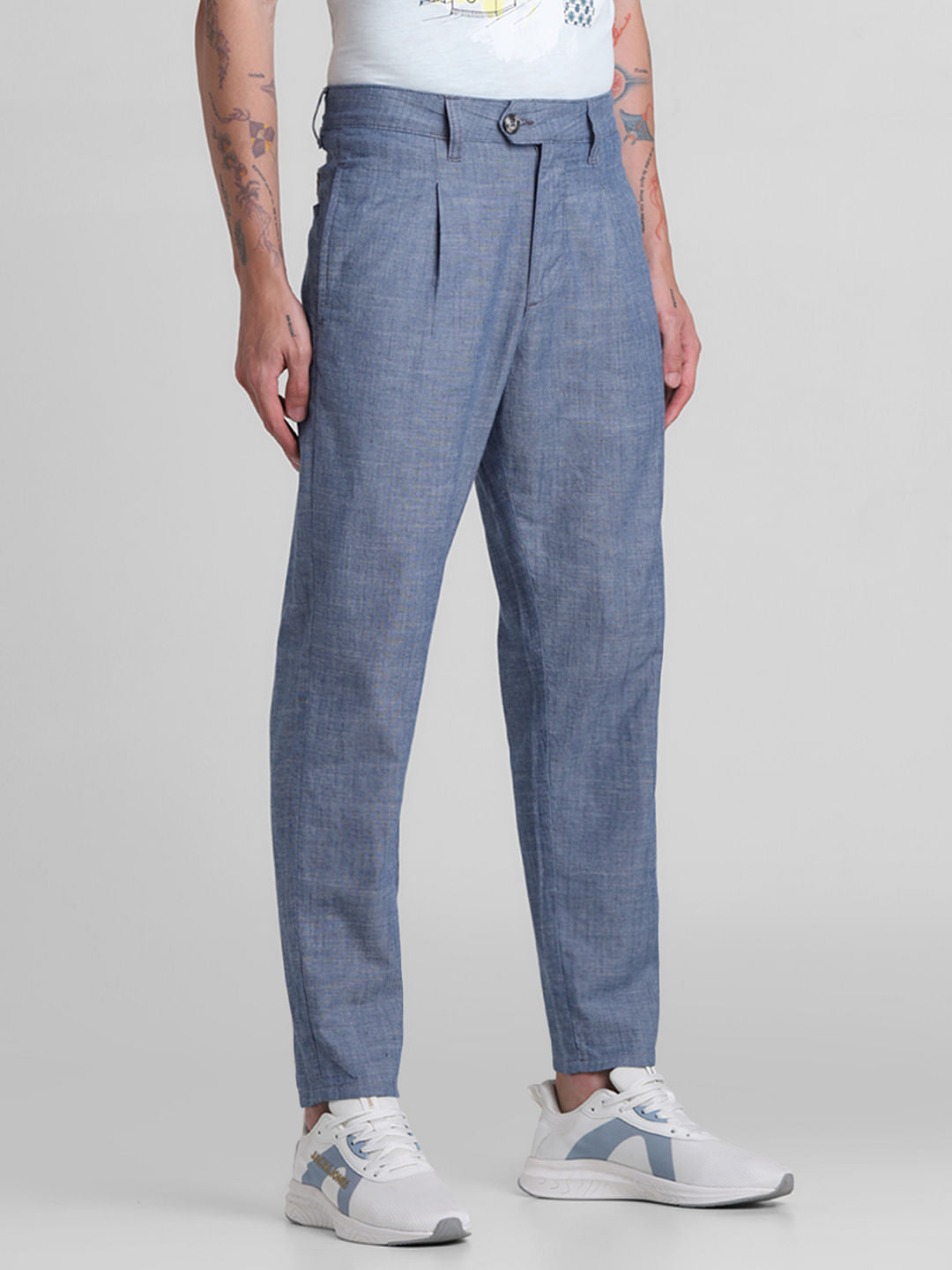 Blue Mid Rise Cotton Pants
