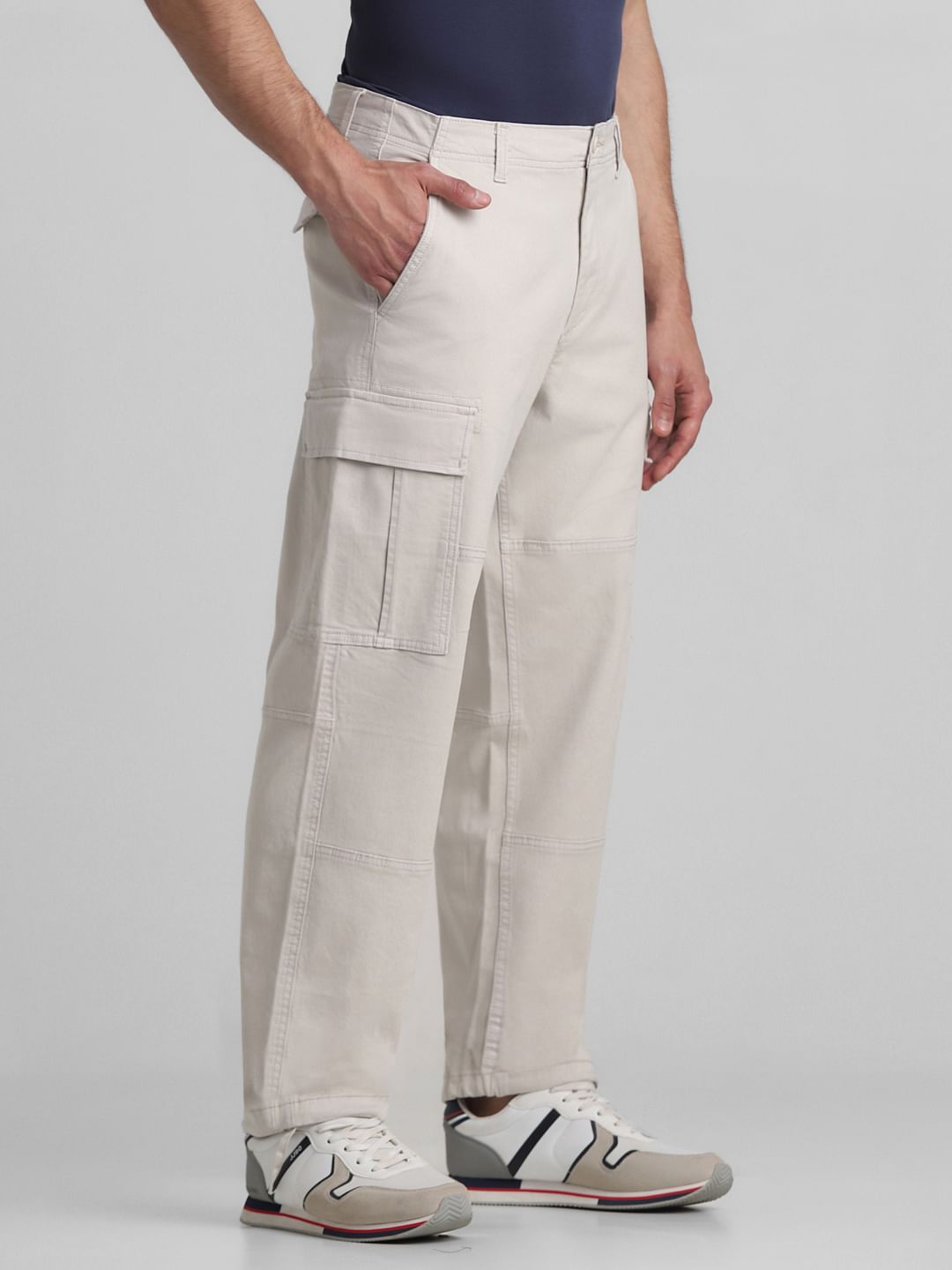 Cream Mid Rise Cargo Pants