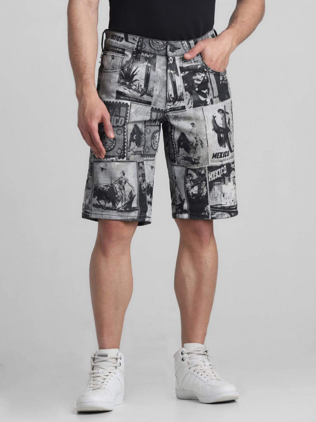 Black Printed Co-ord Set Denim Shorts - S