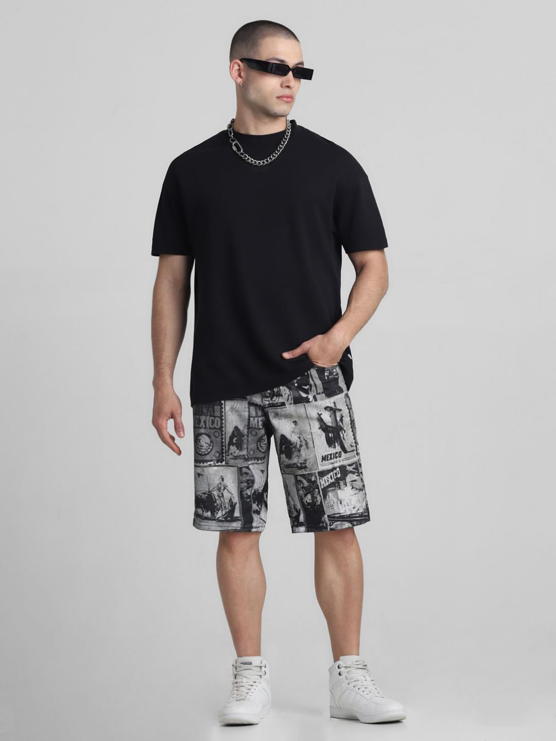 Black Printed Co-ord Set Denim Shorts