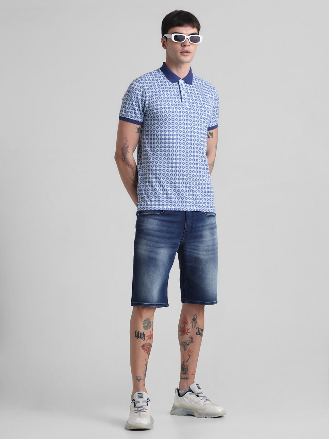 Blue Low Rise Washed Denim Shorts