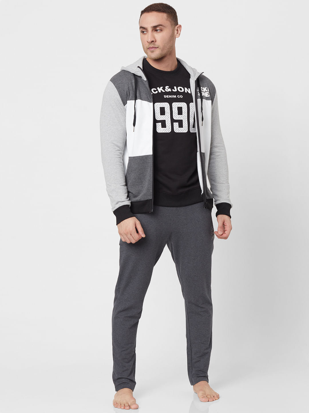 Grey Colourblocked Hooded Sweatshirt