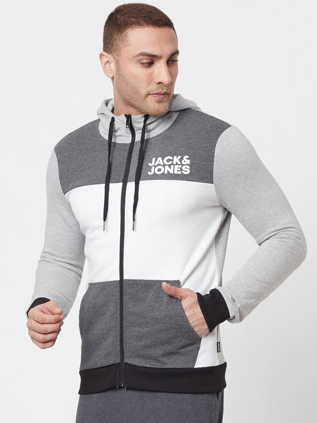 Grey Colourblocked Hooded Sweatshirt