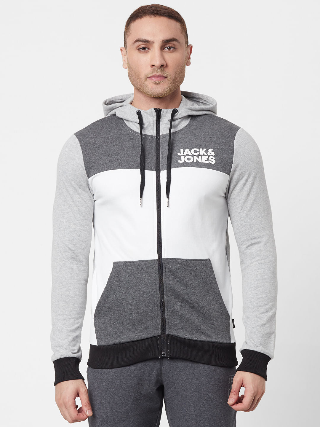 Grey Colourblocked Hooded Sweatshirt