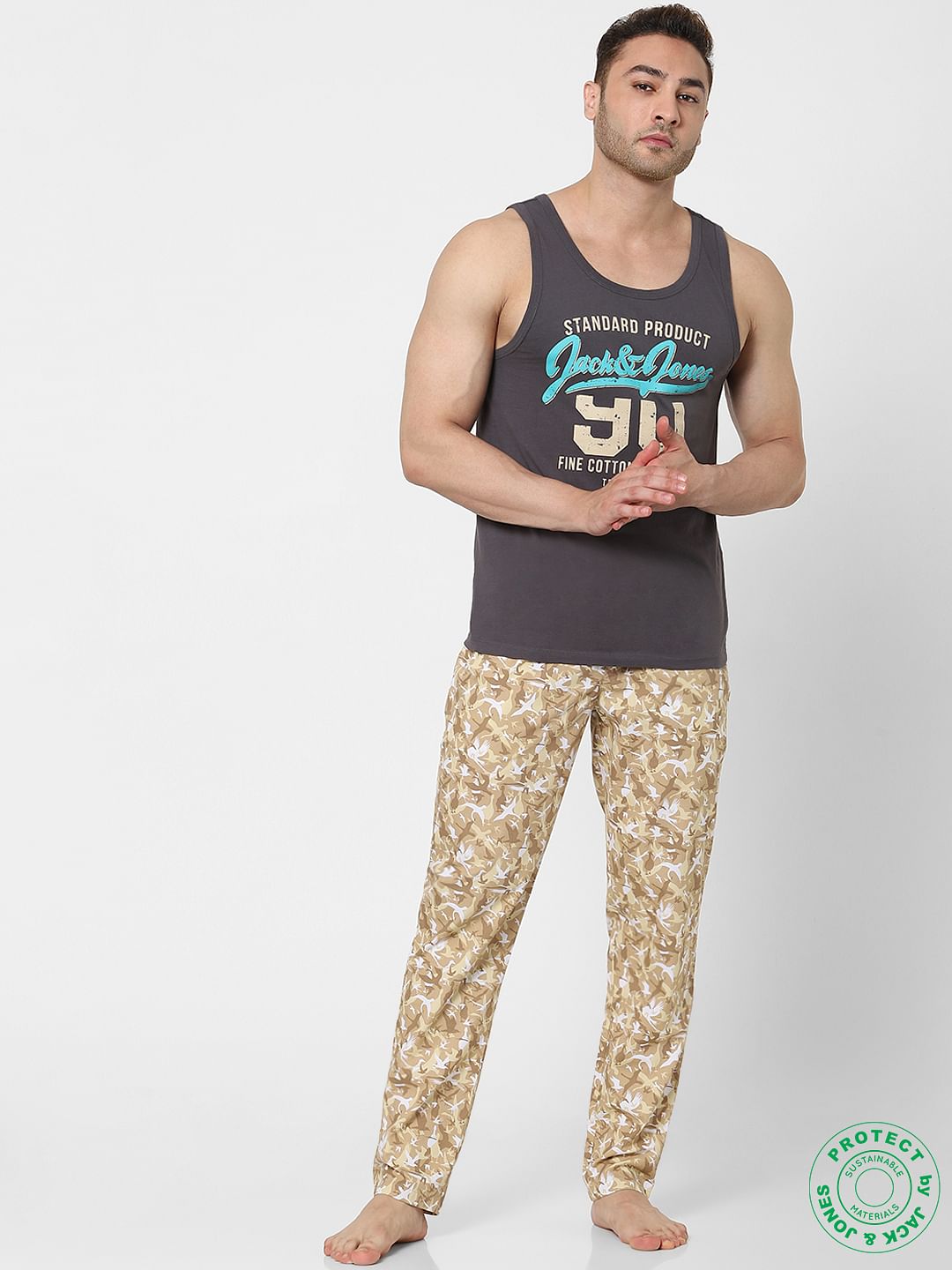 Beige Mid Rise Bird Print Pyjamas