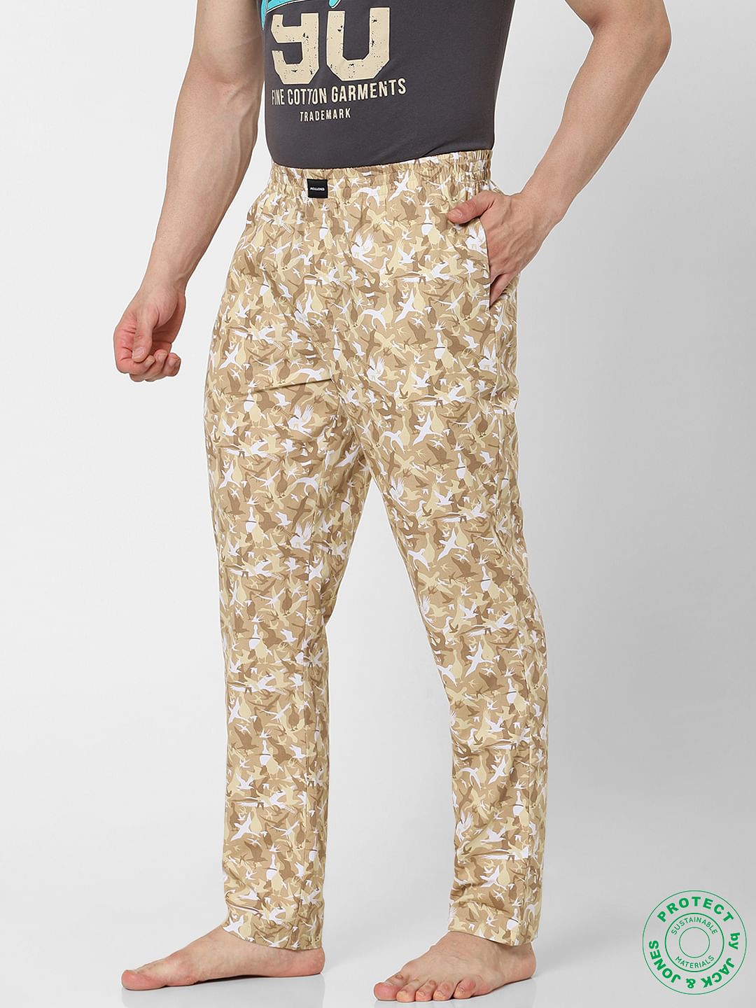 Beige Mid Rise Bird Print Pyjamas