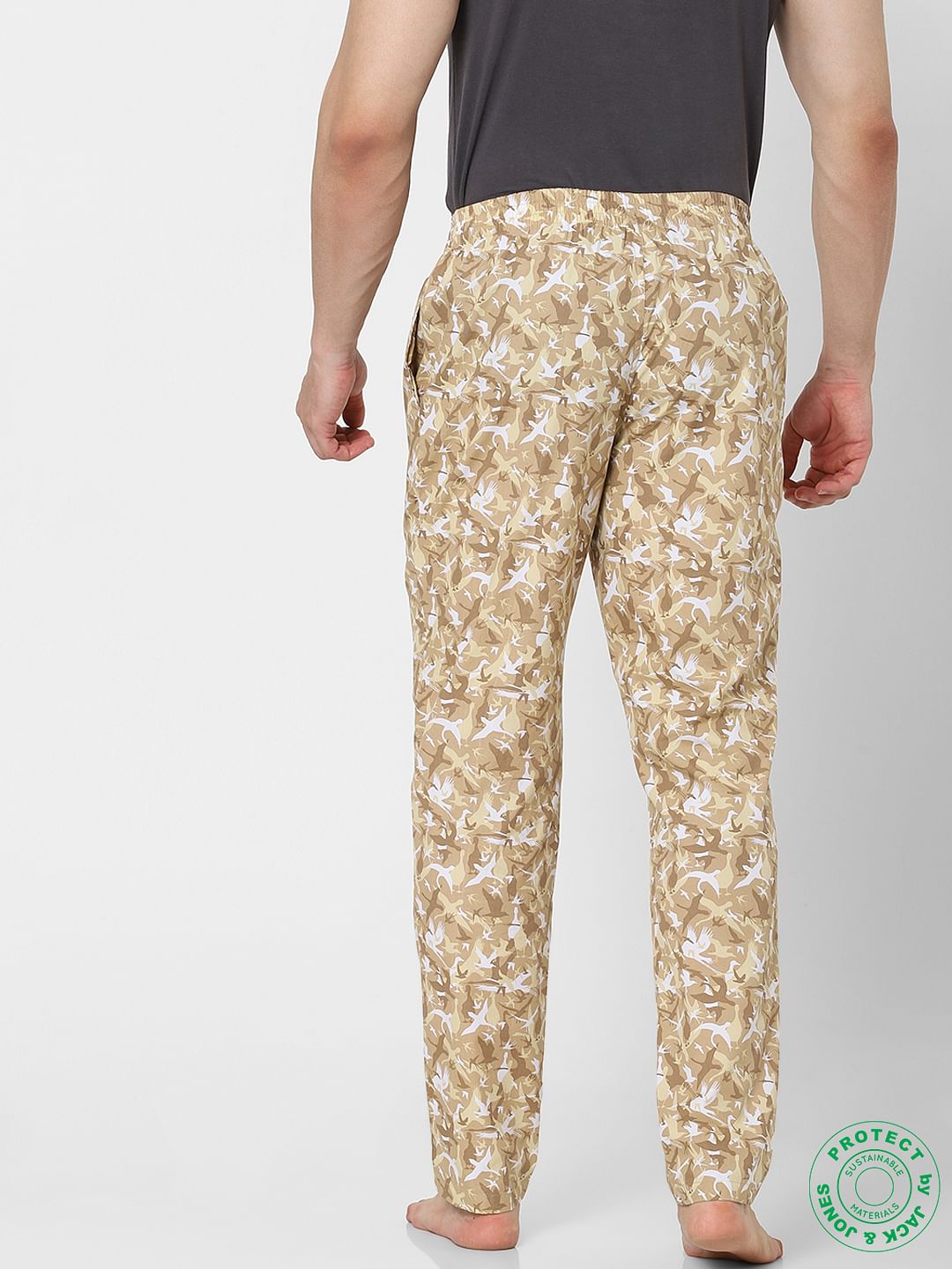 Beige Mid Rise Bird Print Pyjamas