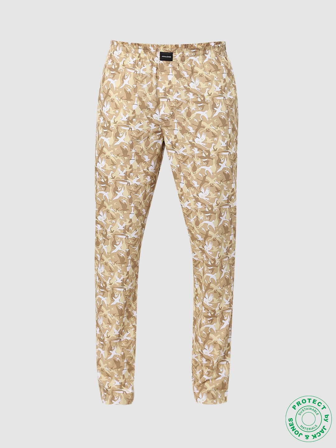 Beige Mid Rise Bird Print Pyjamas