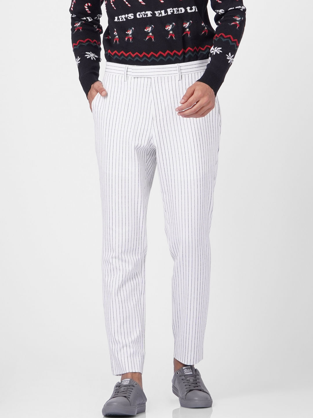 White Mid Rise Striped Pants
