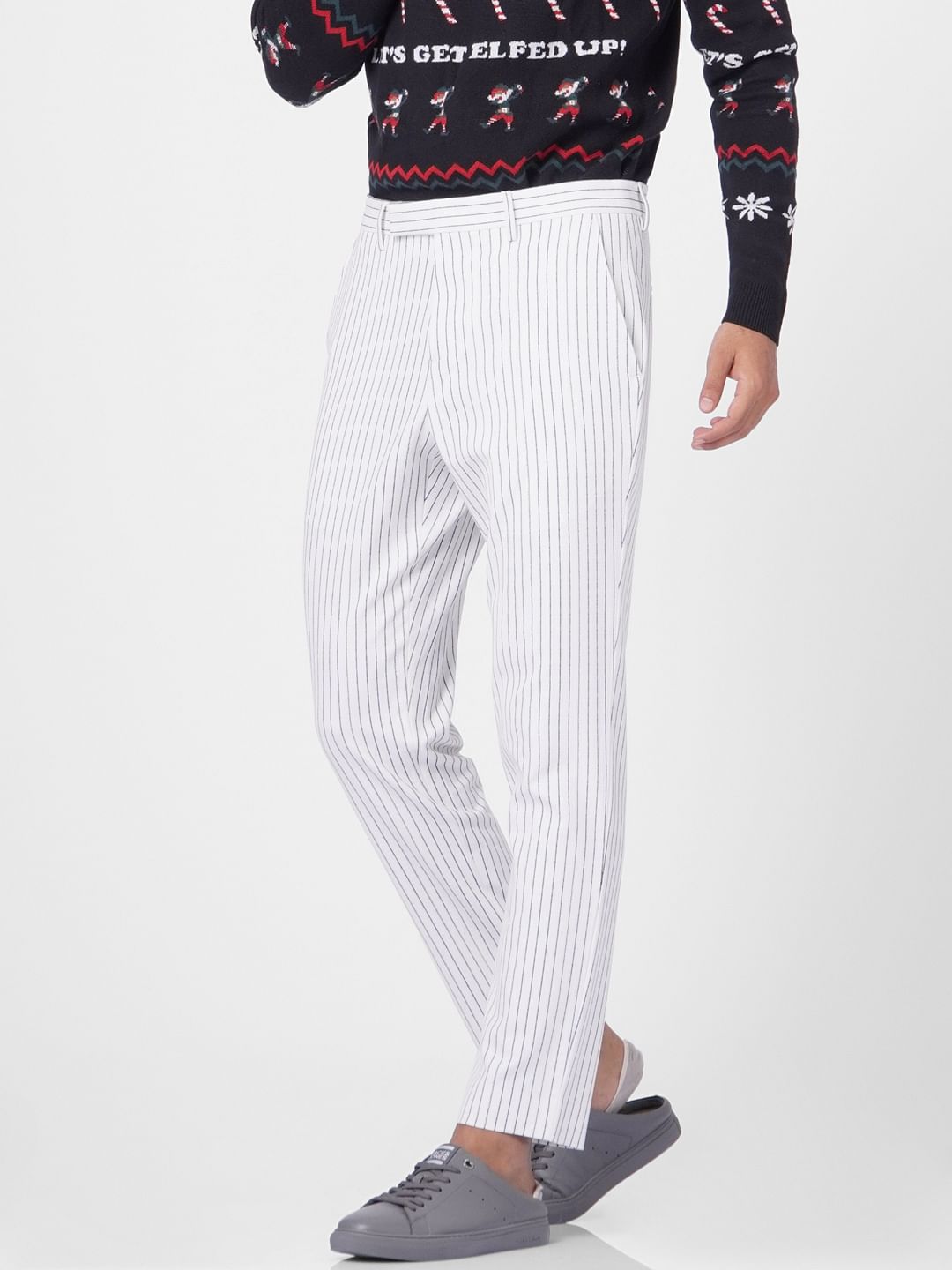 White Mid Rise Striped Pants