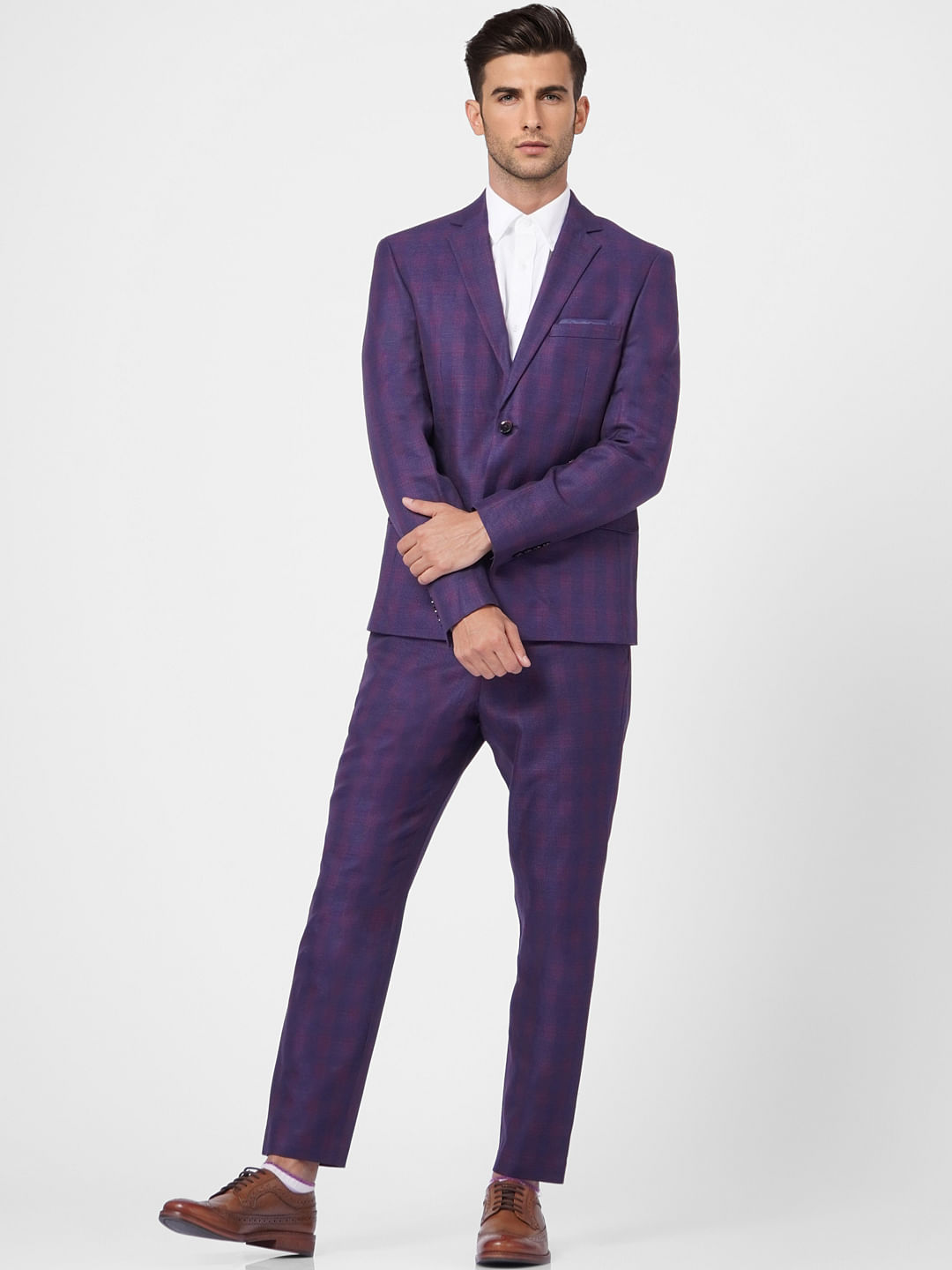 Purple Mid Rise Check Linen Trousers