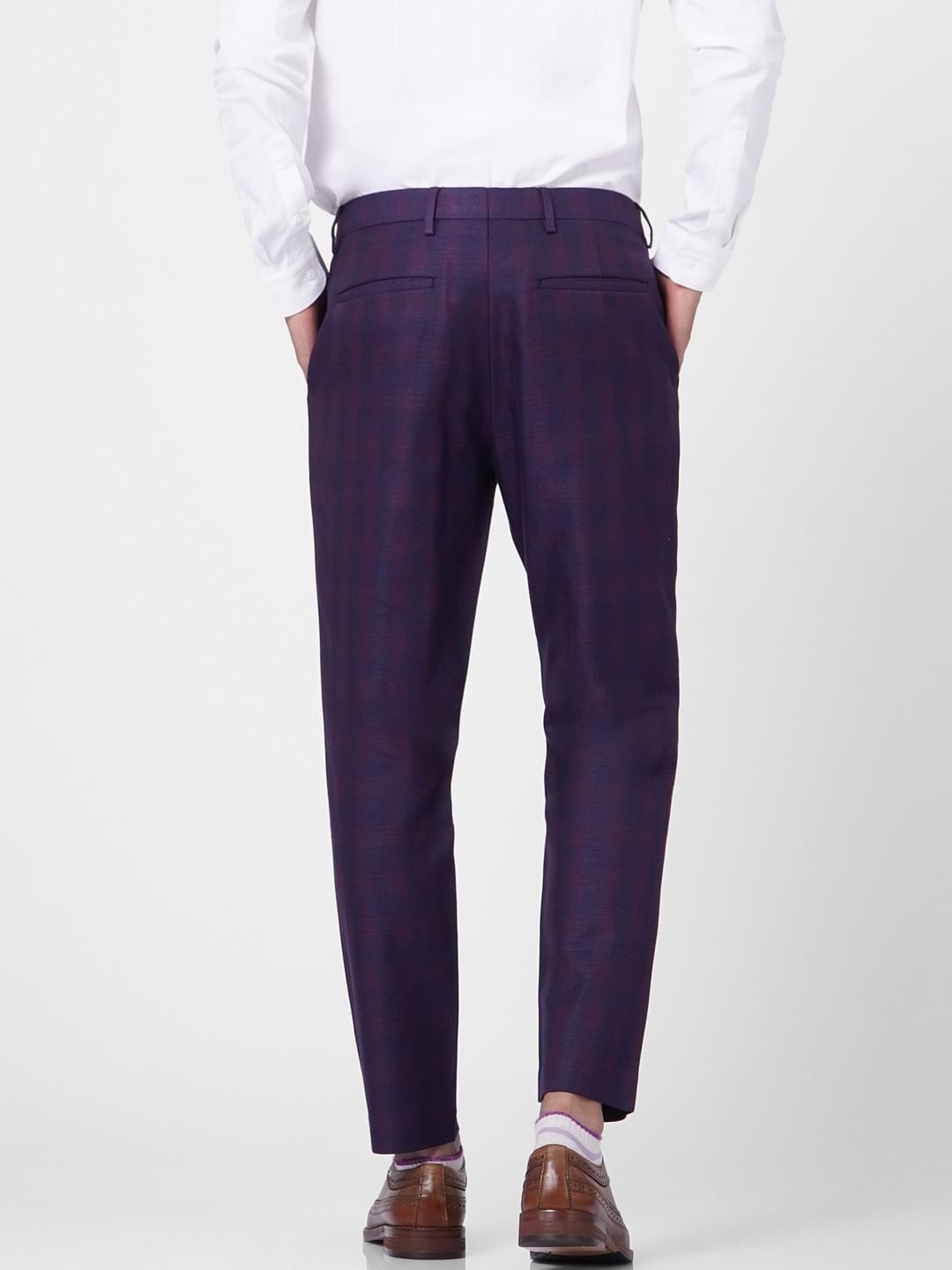 Purple Mid Rise Check Linen Trousers
