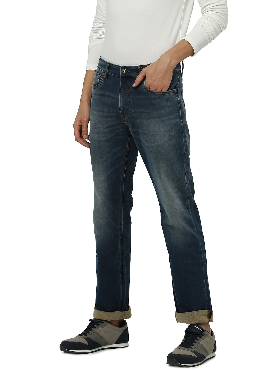 Dark Blue Low Rise Clark Washed Regular Fit Jeans