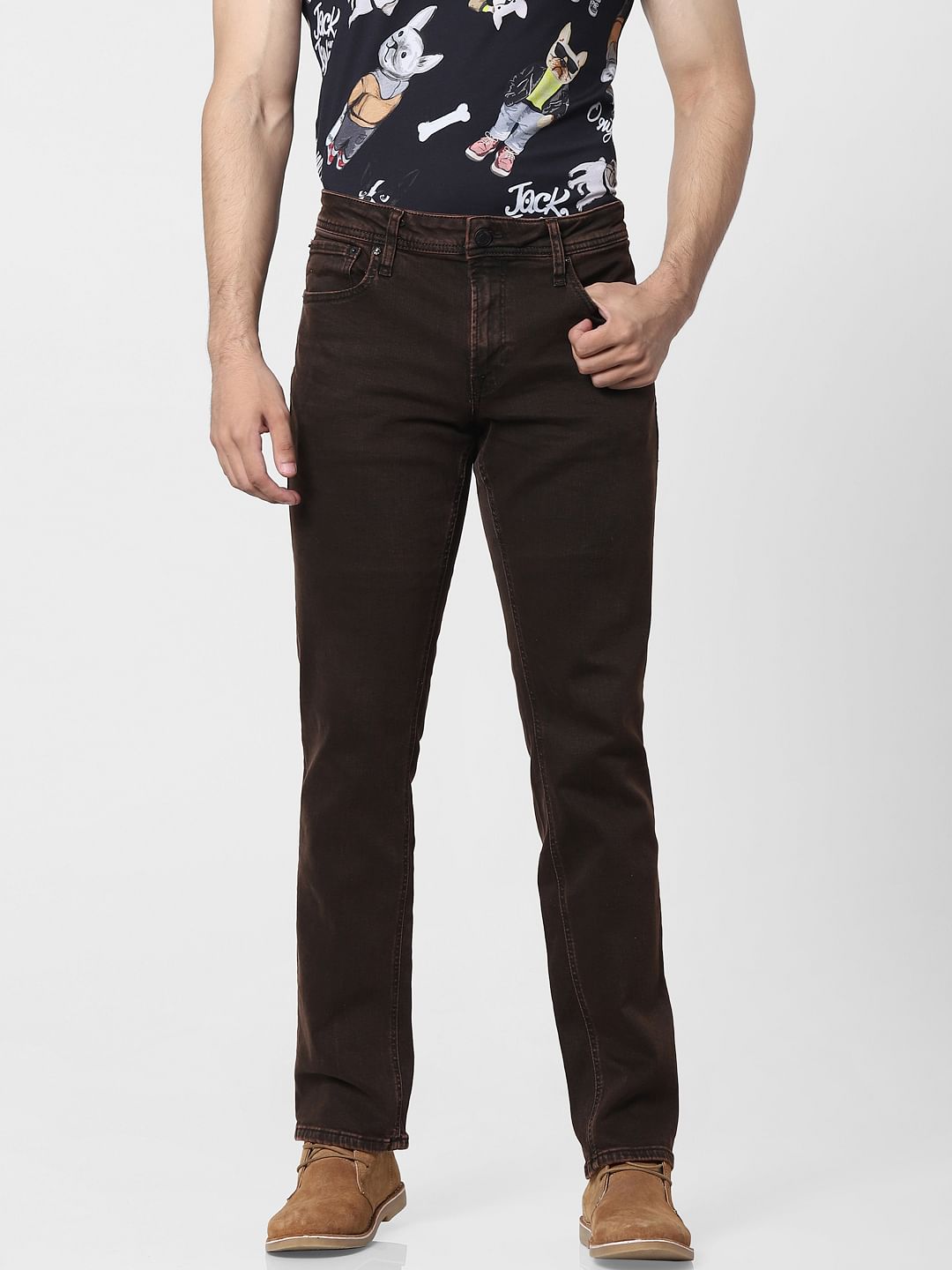 Brown Mid Rise Clark Regular Fit Jeans
