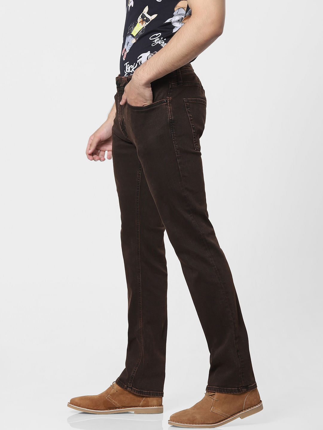 Brown Mid Rise Clark Regular Fit Jeans