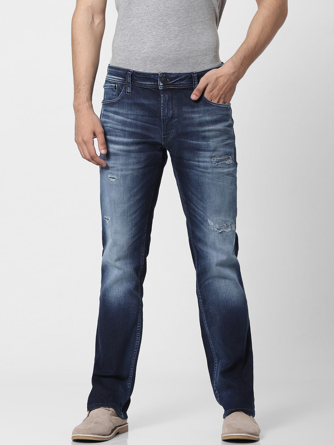 Blue Mid Rise Clark Regular Fit Ripped Jeans