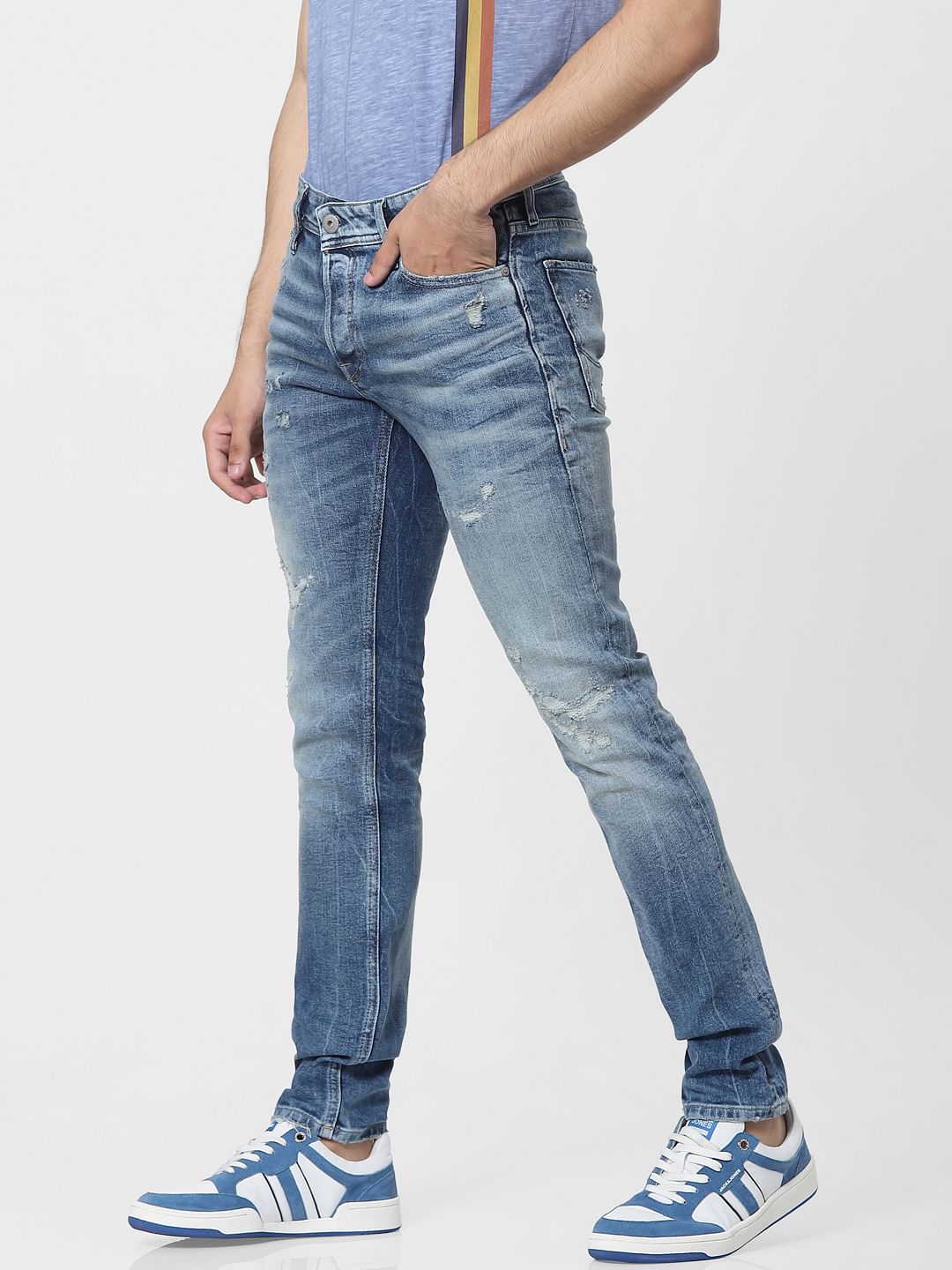 Blue Low Rise Glenn Ripped Slim Jeans