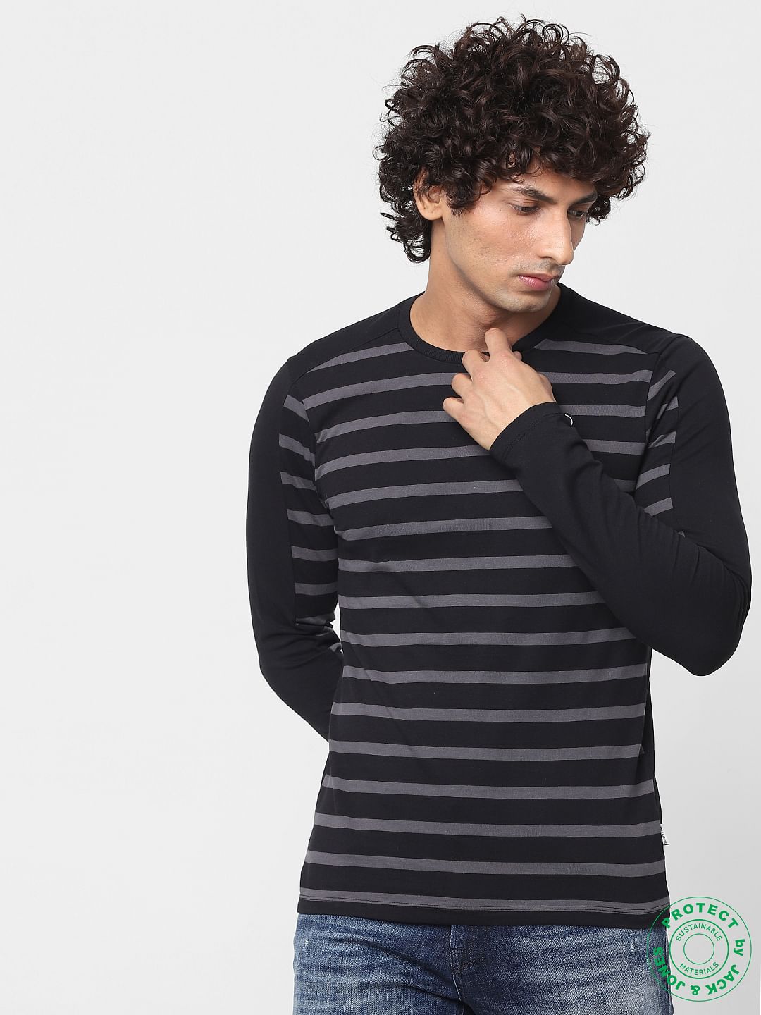 Black Crew Neck Full Sleeves Striped T-shirt - S