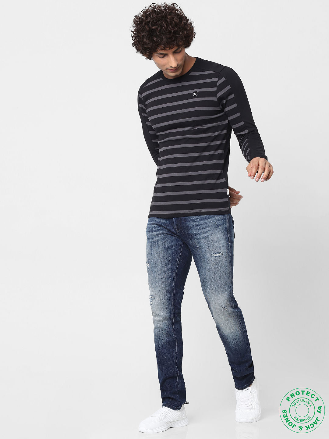 Black Crew Neck Full Sleeves Striped T-shirt