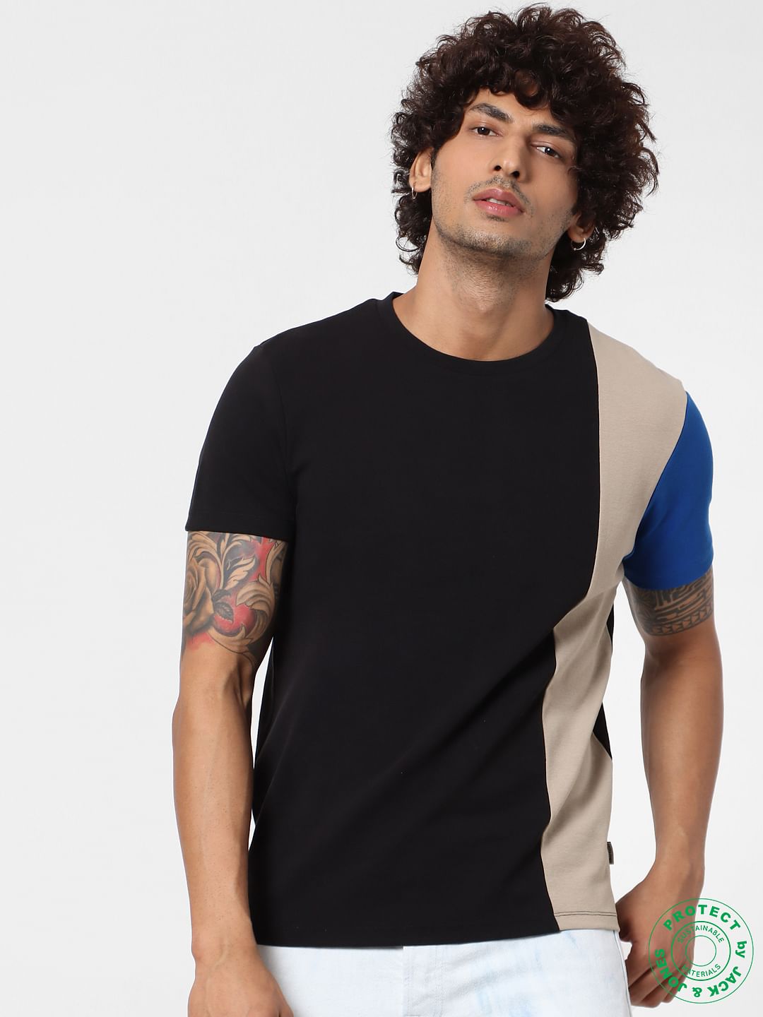 Black Crew Neck Colourblocked T-shirt - S