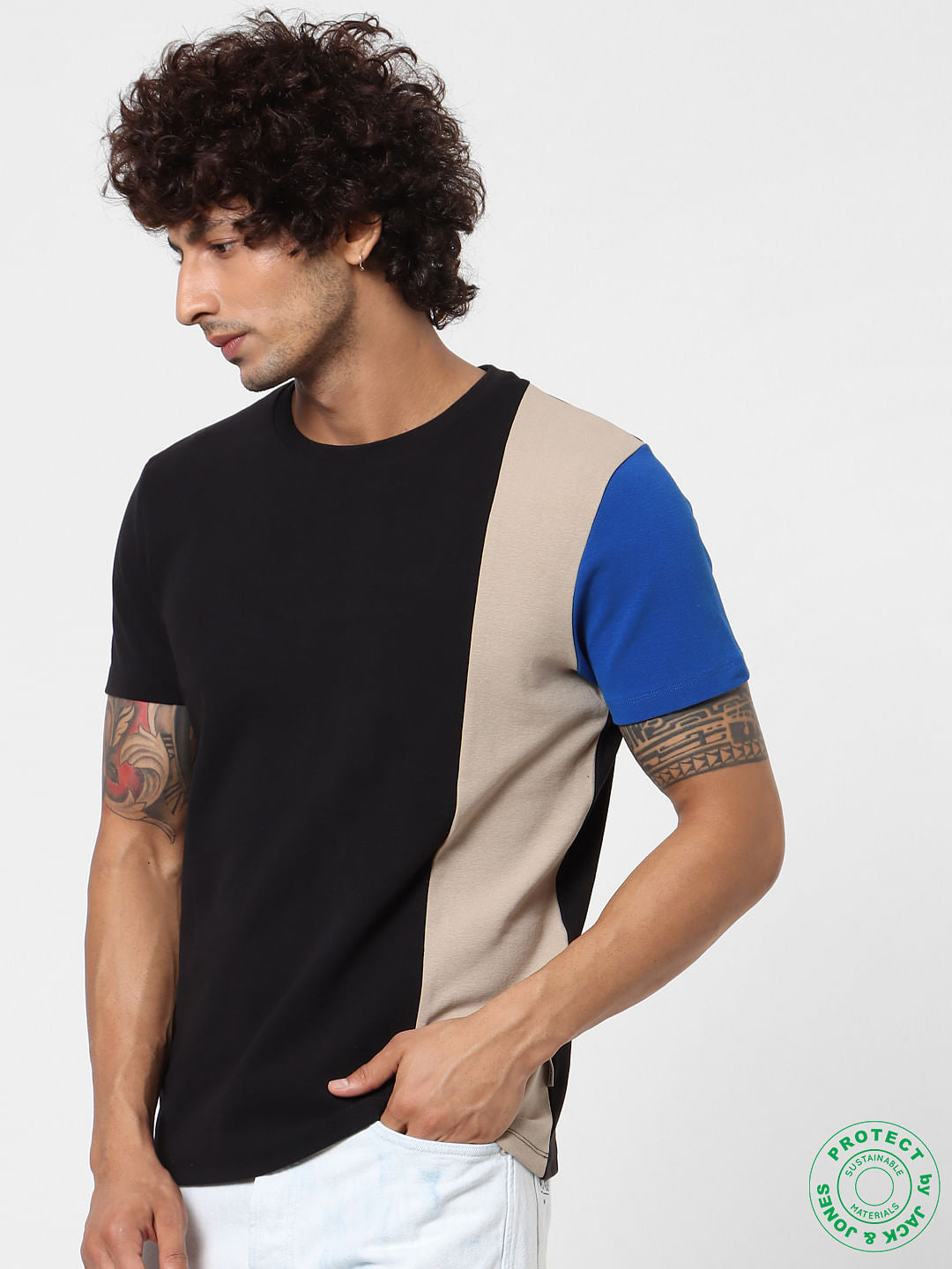 Black Crew Neck Colourblocked T-shirt