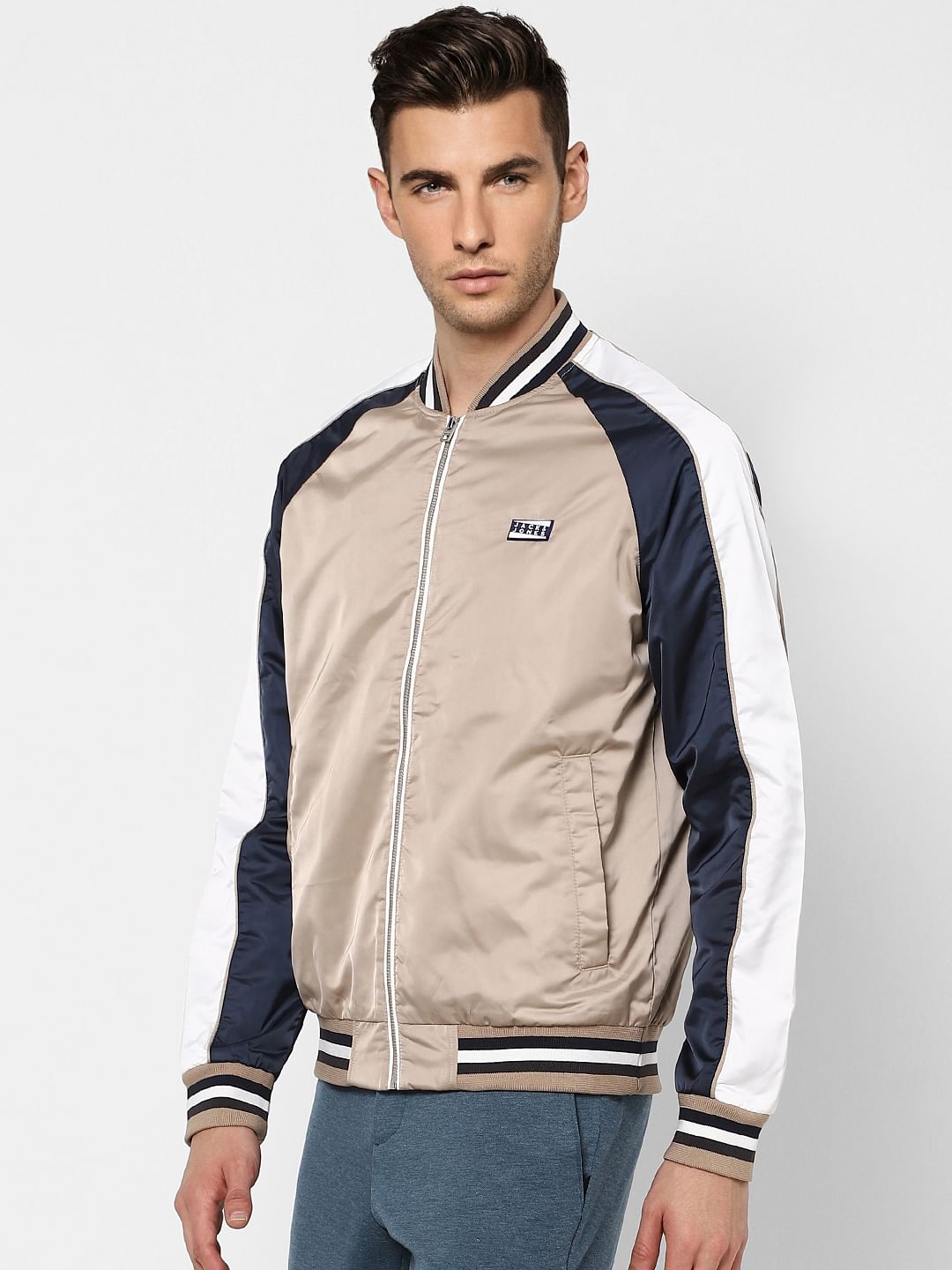 Beige Zip Up Bomber Jacket