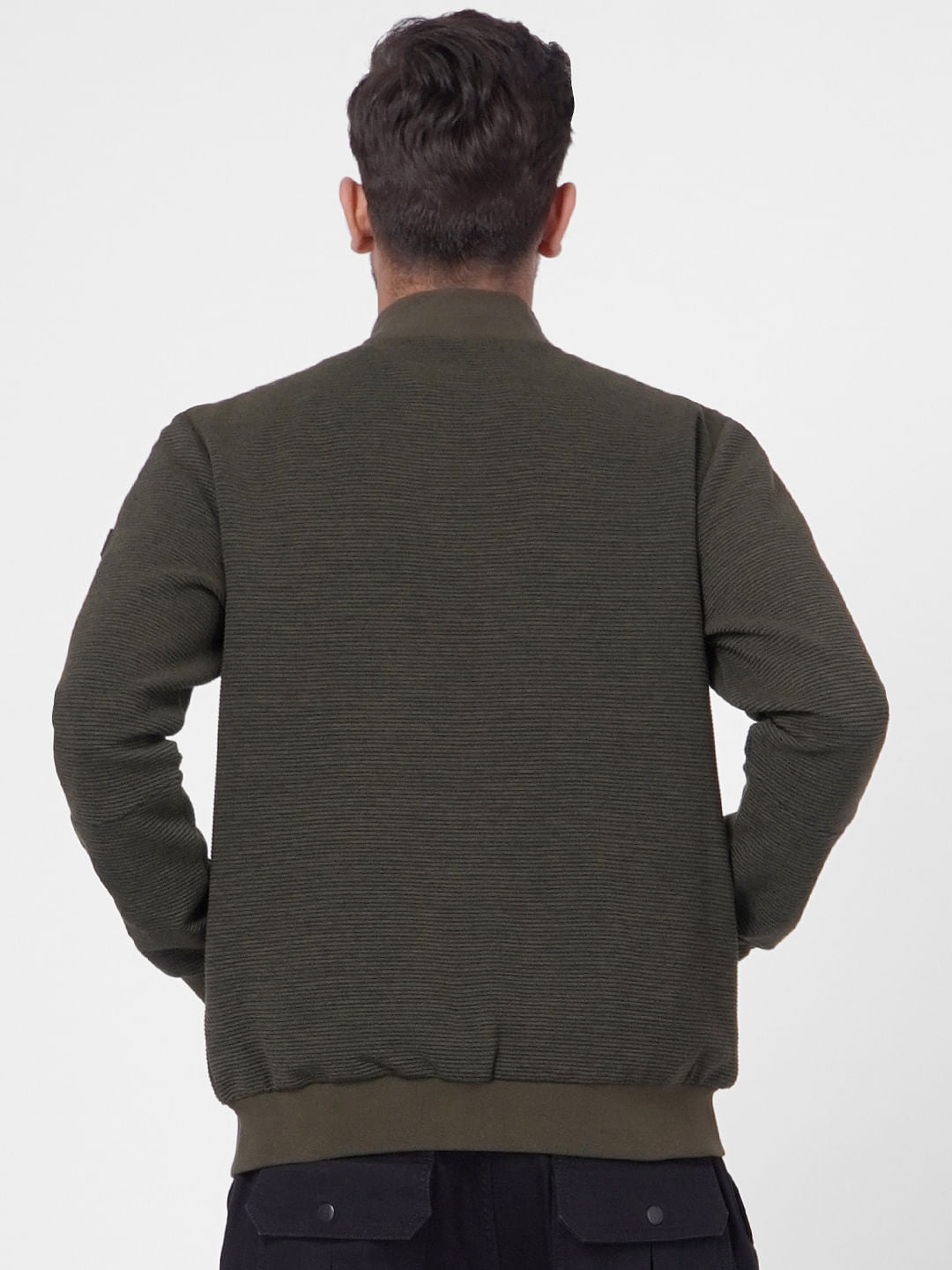 Green Textured Knit Bomber Jacket