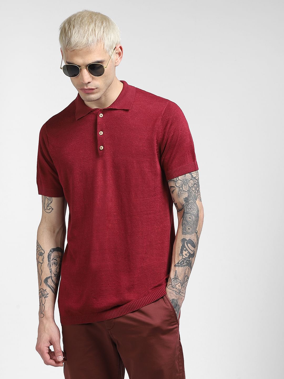 Red Knitted Polo T-shirt - S