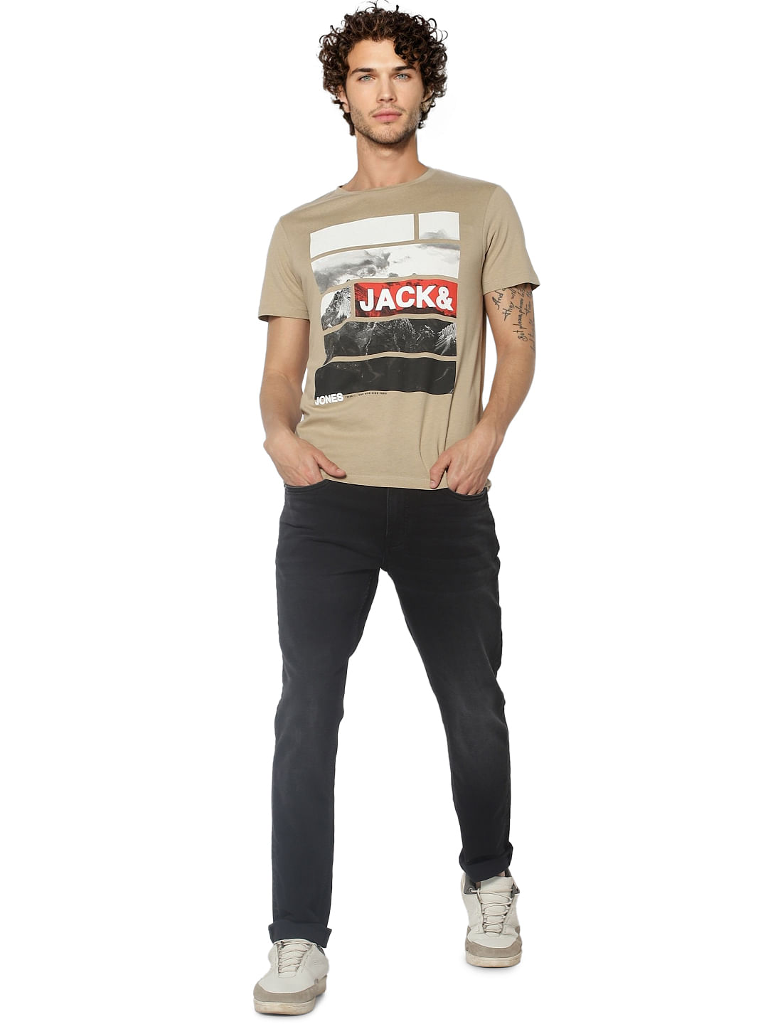 Beige Graphic Print Crew Neck T-shirt - S