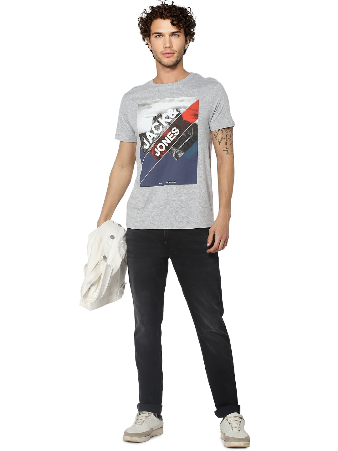 Grey Graphic Print Crew Neck T-shirt - S