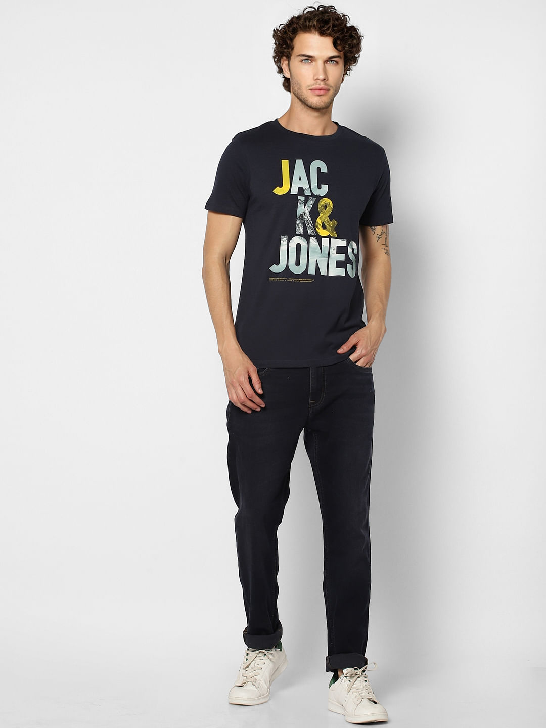 Dark Blue Logo Print Crew Neck T-shirt - S