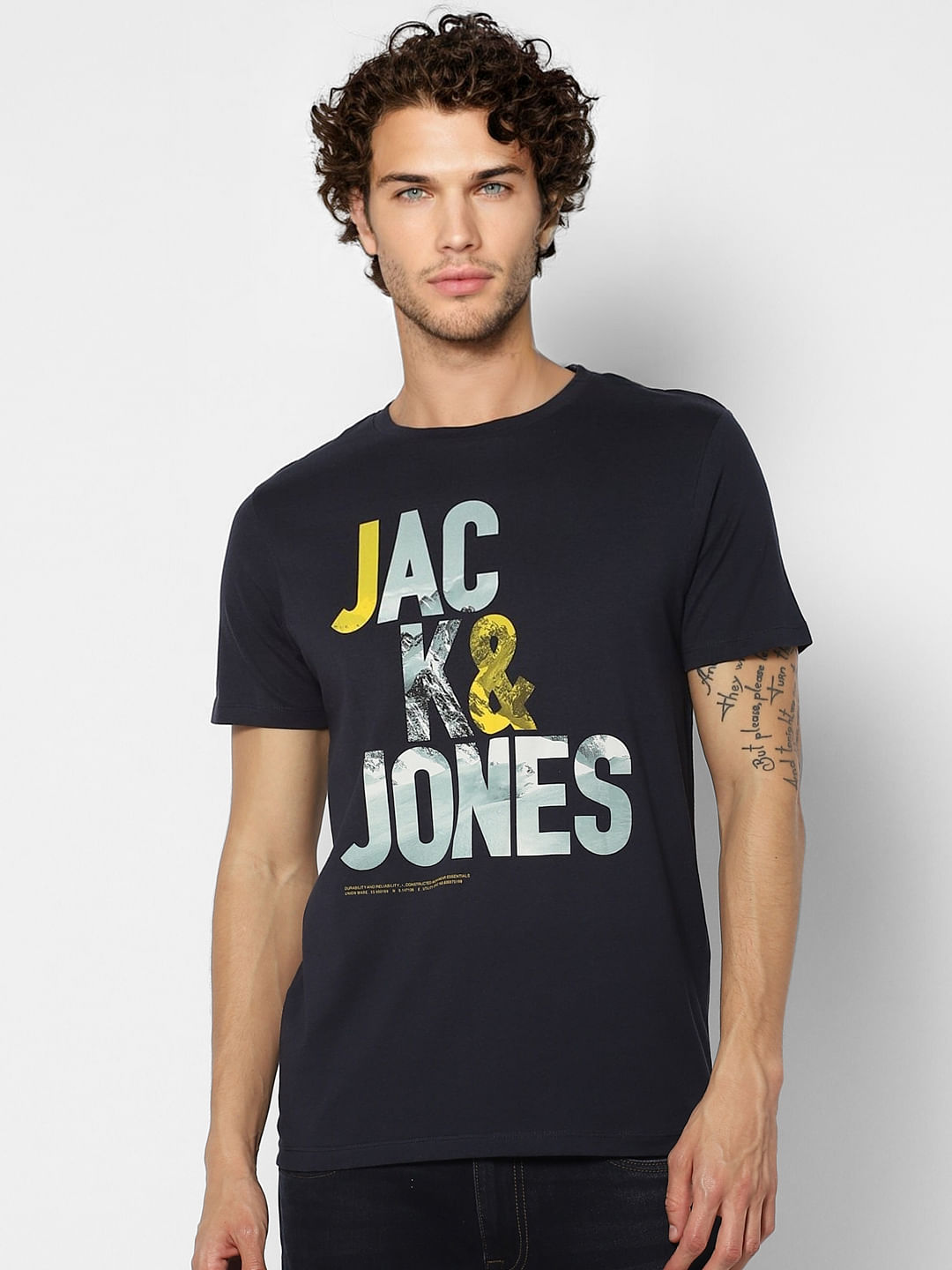 Dark Blue Logo Print Crew Neck T-shirt