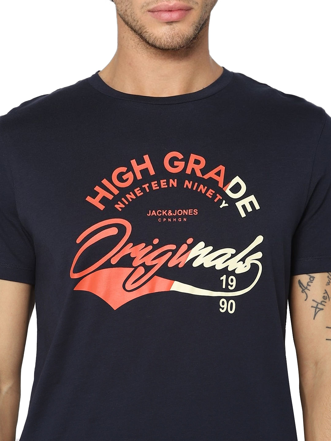 Navy Blue Logo Print Crew Neck T-shirt