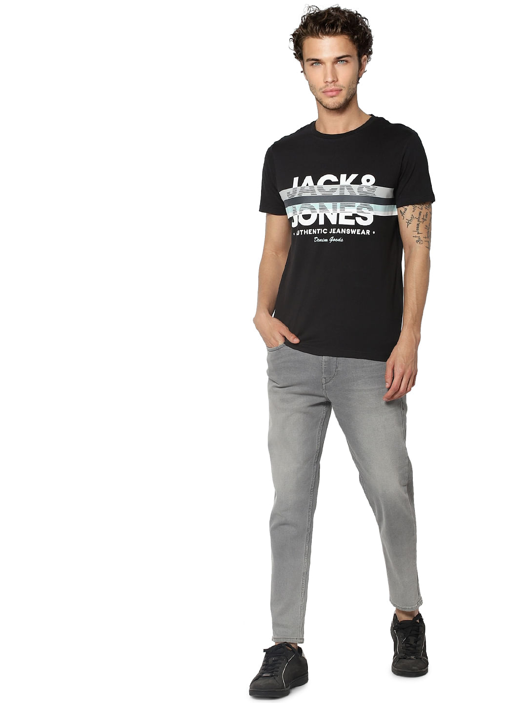 Black Logo Print Crew Neck T-shirt - S