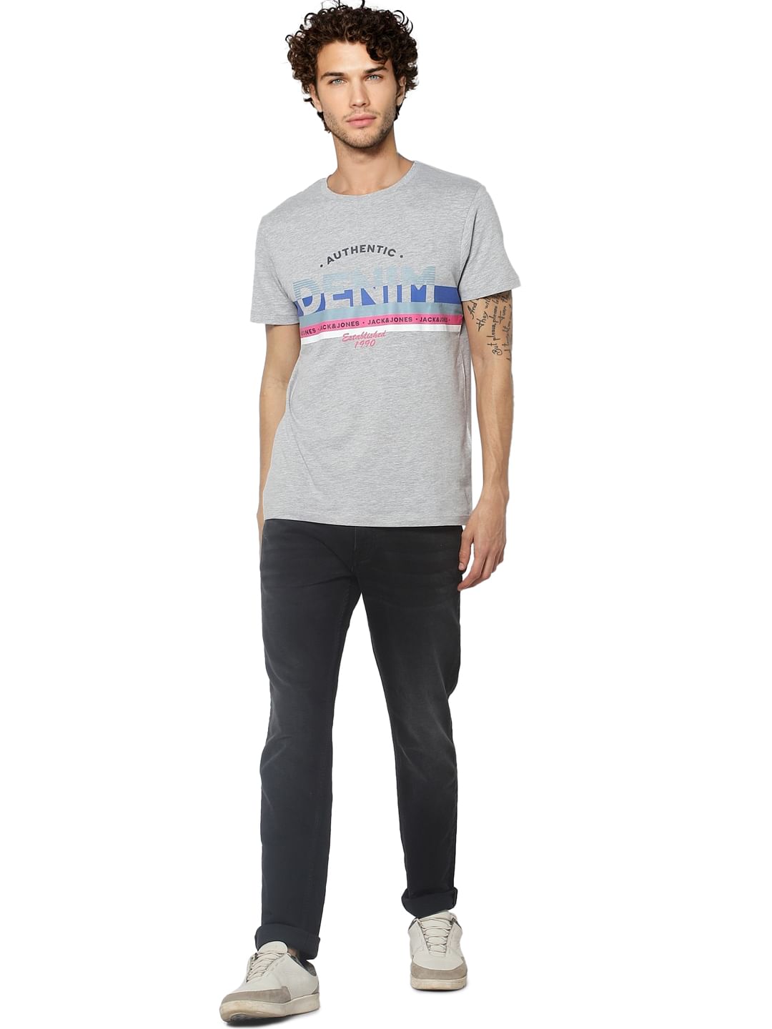 Grey Logo Print Crew Neck T-shirt - S