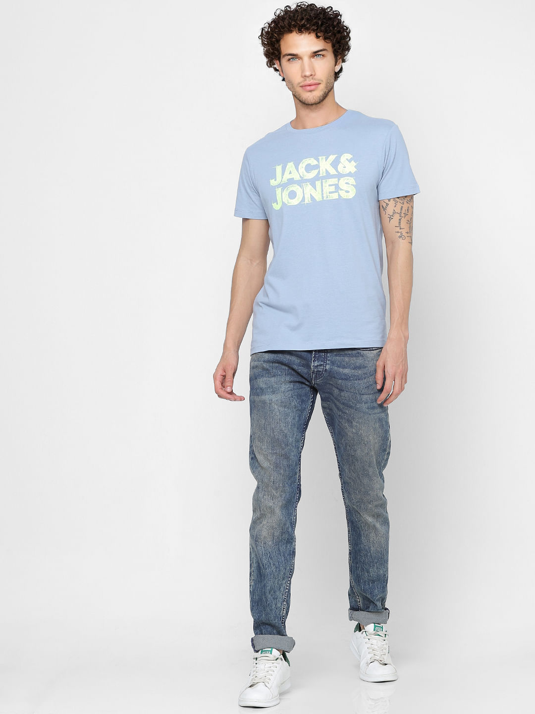 Light Blue Logo Print Crew Neck T-shirt - S