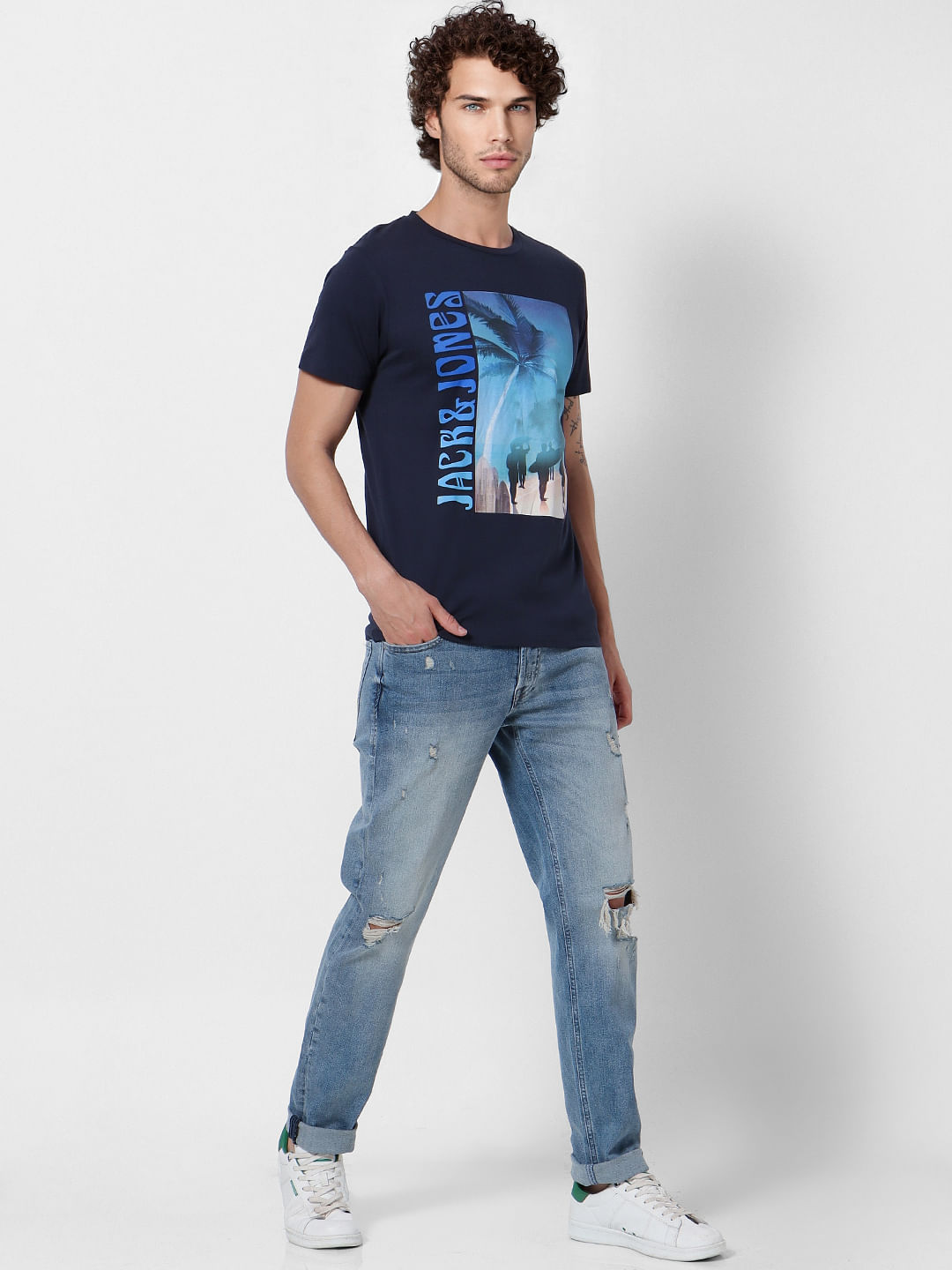 Navy Blue Palm Tree Graphic Crew Neck T-Shirt - S