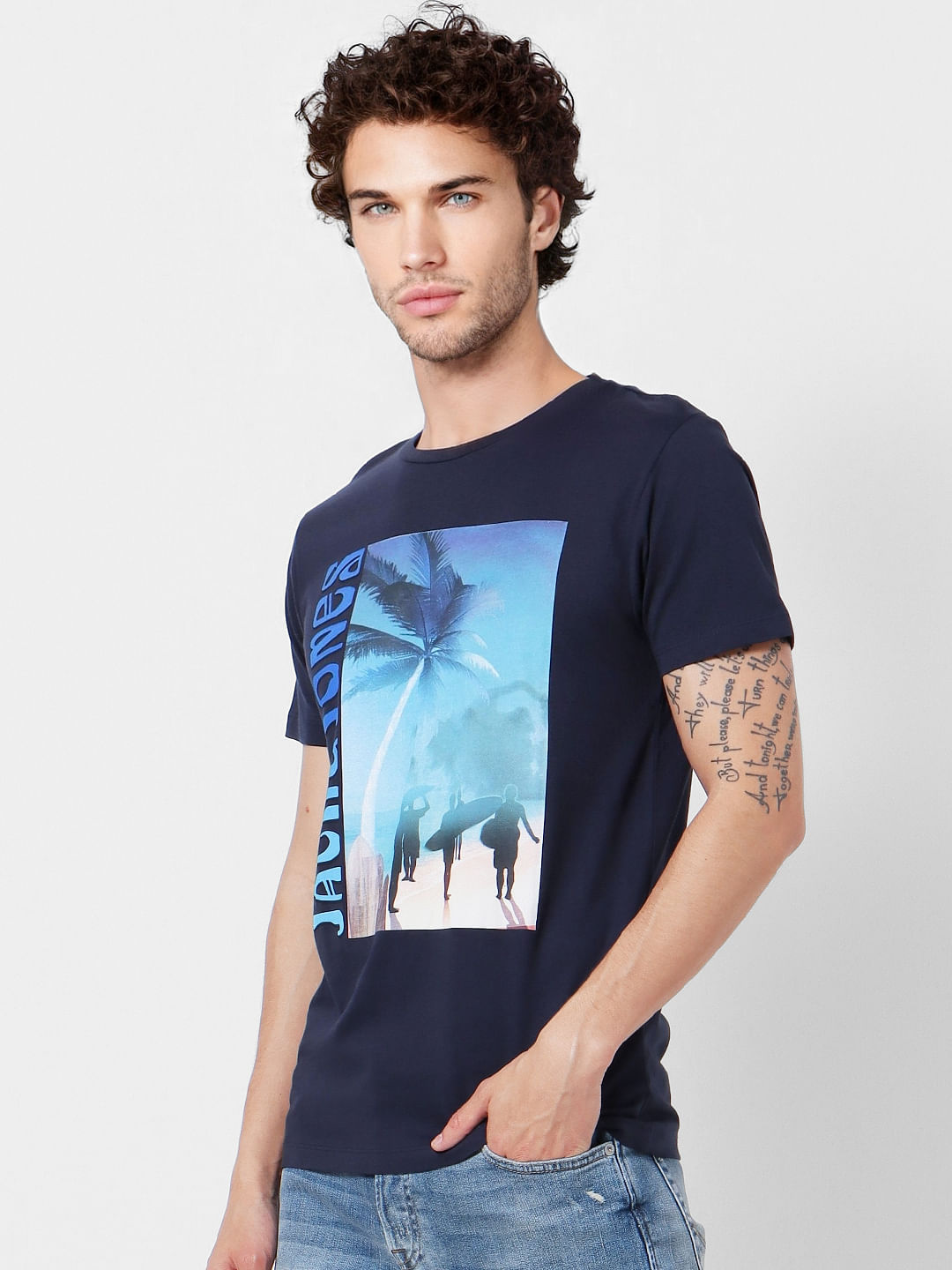 Navy Blue Palm Tree Graphic Crew Neck T-Shirt