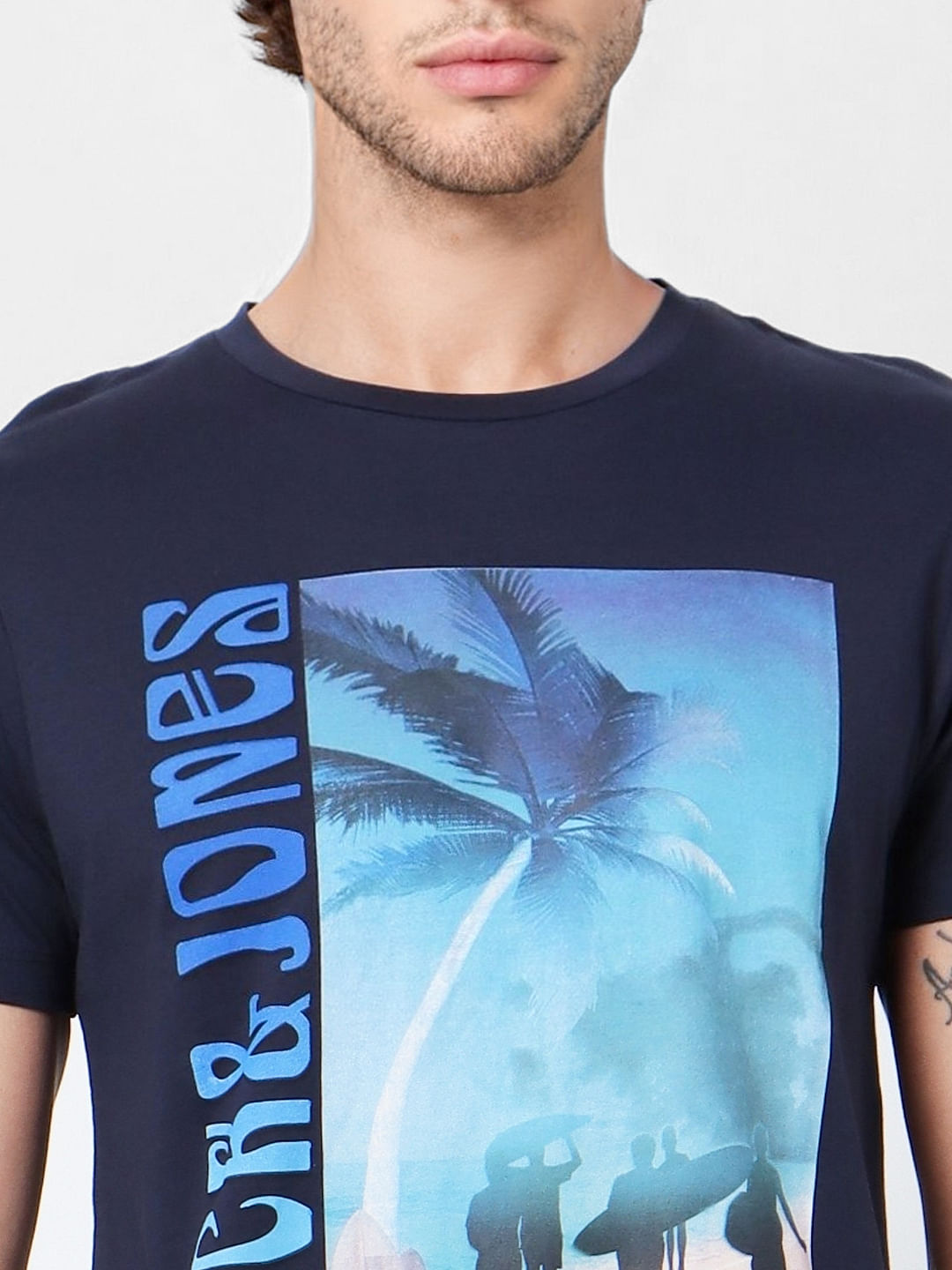Navy Blue Palm Tree Graphic Crew Neck T-Shirt