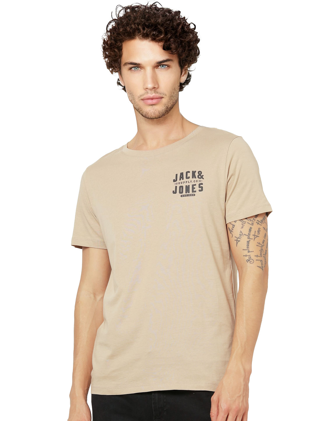 Beige Logo Print Crew Neck T-shirt