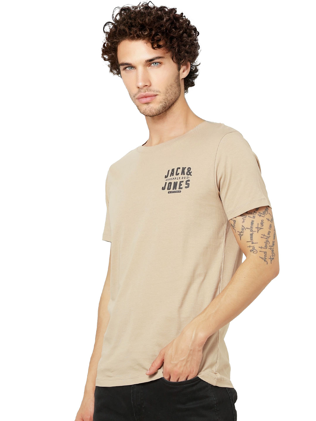 Beige Logo Print Crew Neck T-shirt