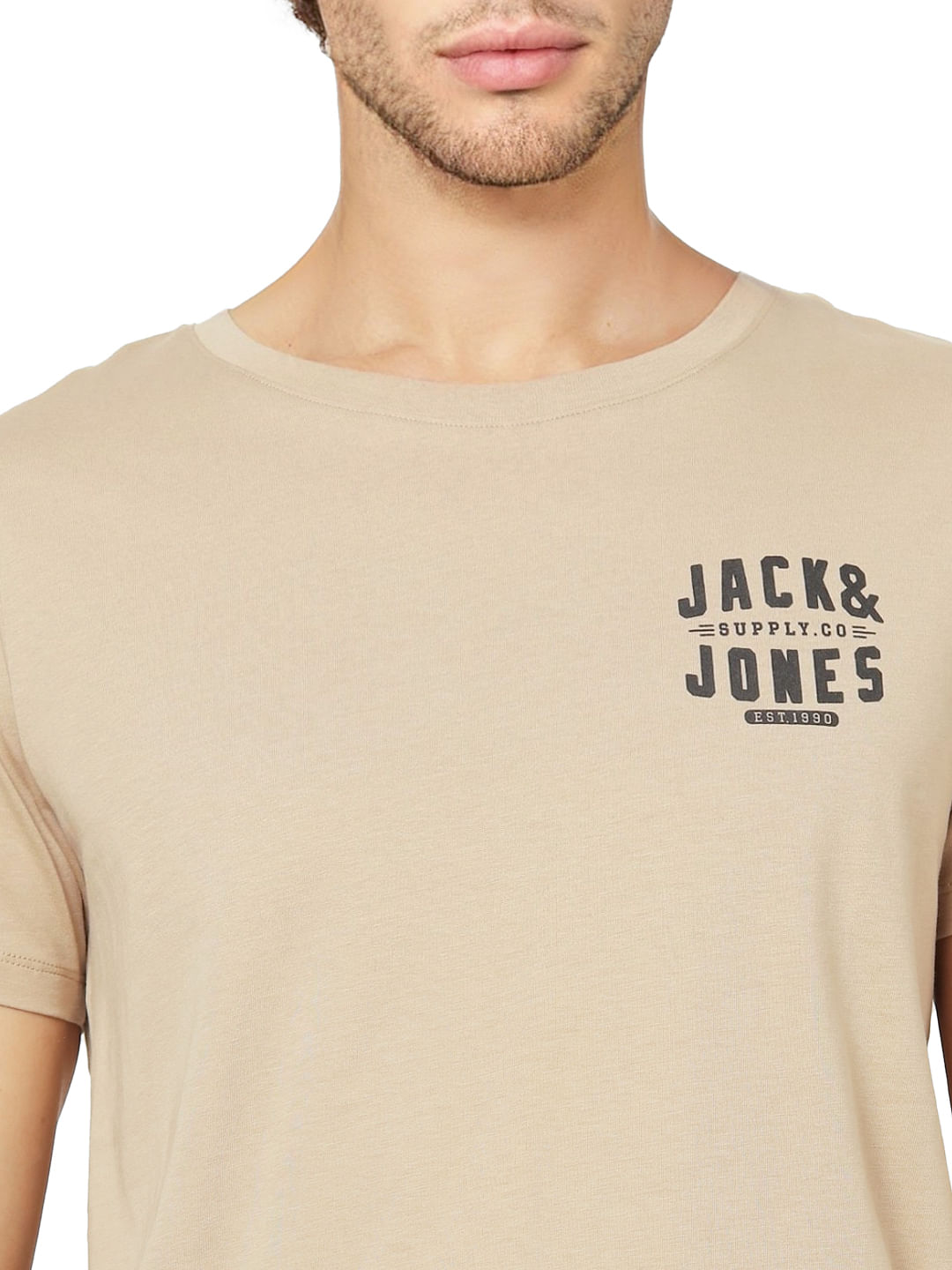 Beige Logo Print Crew Neck T-shirt